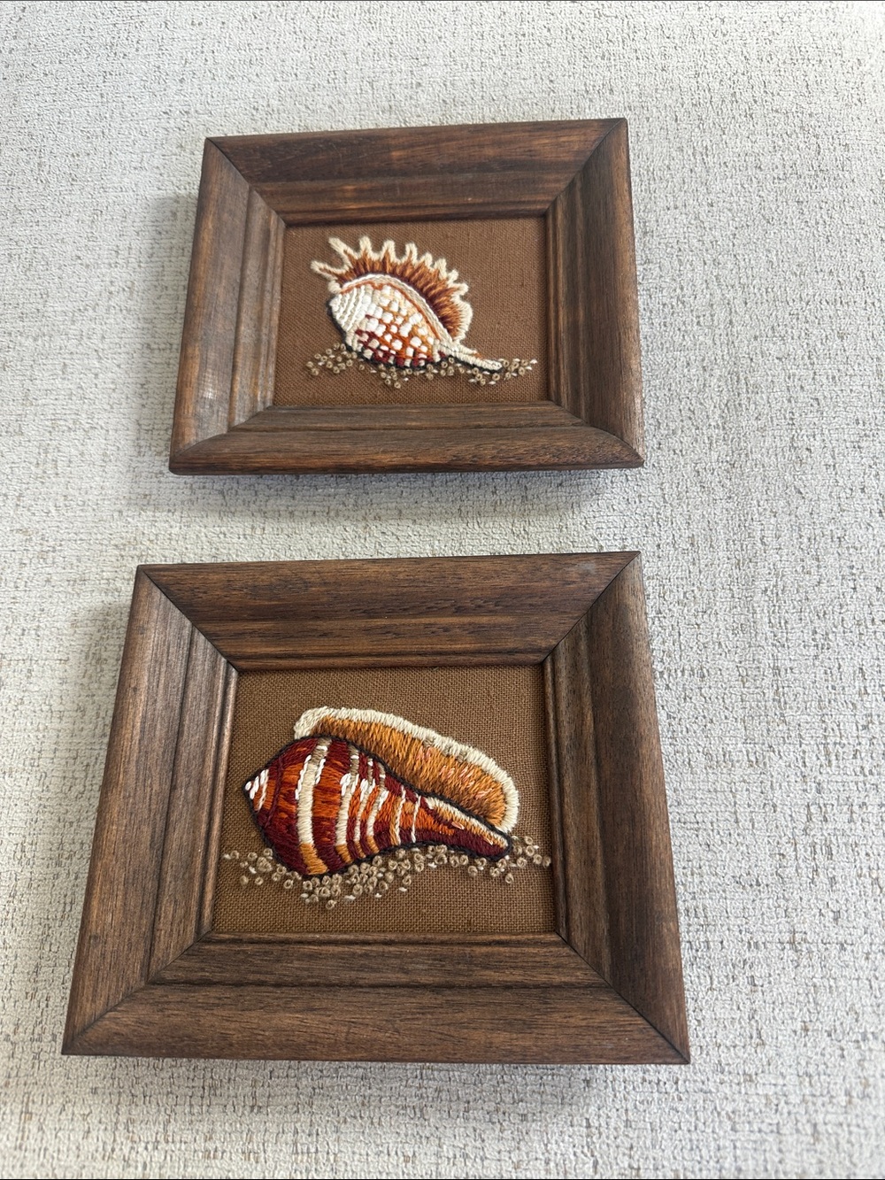 Vintage Boho Coastal Crewel Needlepoint Framed Seashell Art Set of 2